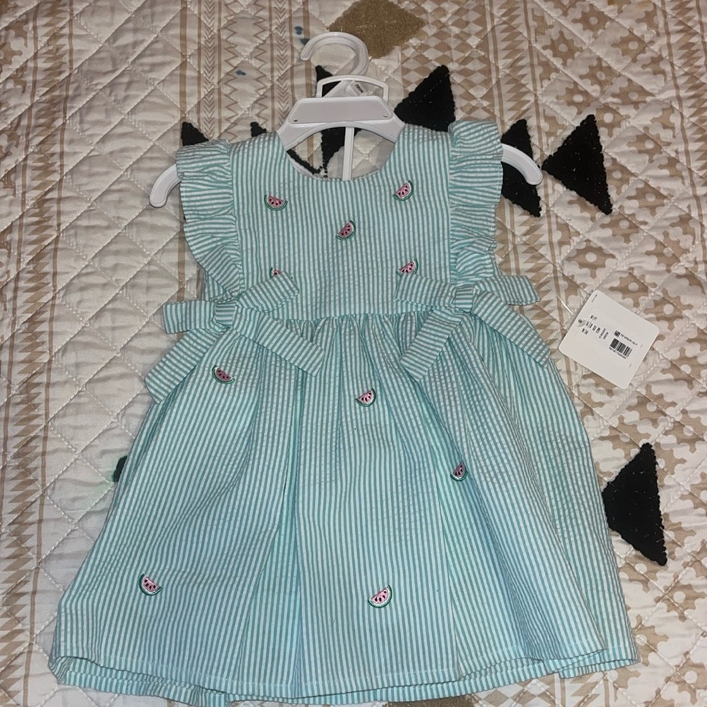Starting out Green and white seersucker dress with watermelons on it